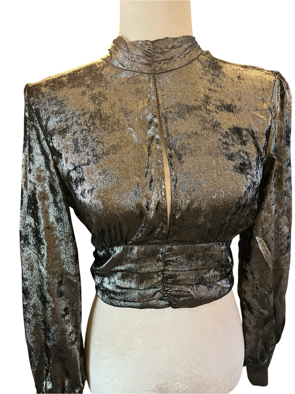 Topshop Silver Metallic High Neck Ruched Blouse Size 6